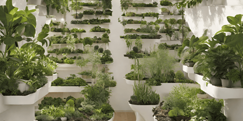 an indoor garden filled with potted plants
