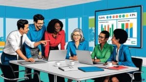 Diverse team collaborating around a conference table with performance metrics displayed on a large digital screen in a modern office setting.
