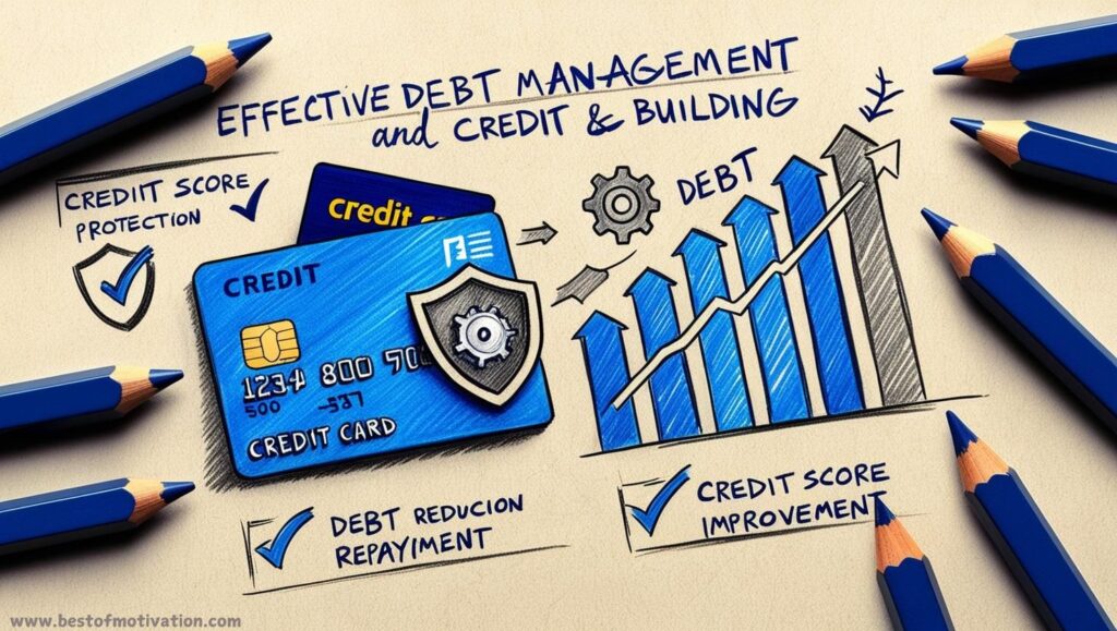 A credit card and a debt reduction chart illustrating strategic repayment and credit score optimization for effective debt management.

