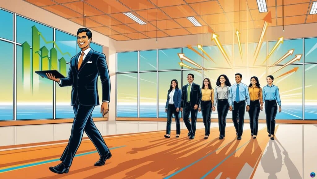 Inspiring leader guiding a diverse team towards success with upward-trending graphs on a tablet in a bright office environment.