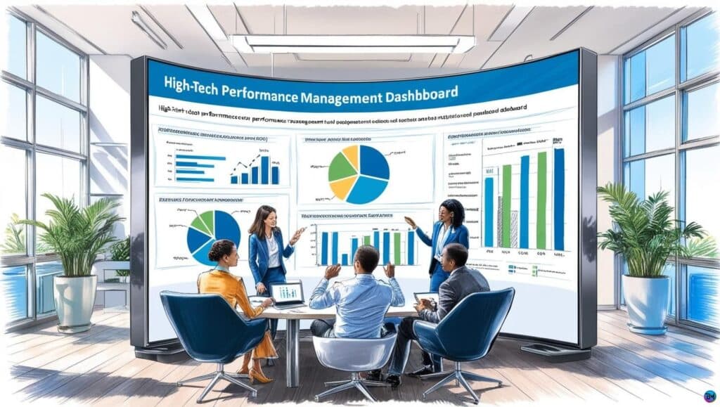 Professional team analyzing a high-tech performance management dashboard with charts and KPIs on a large screen in a modern office space