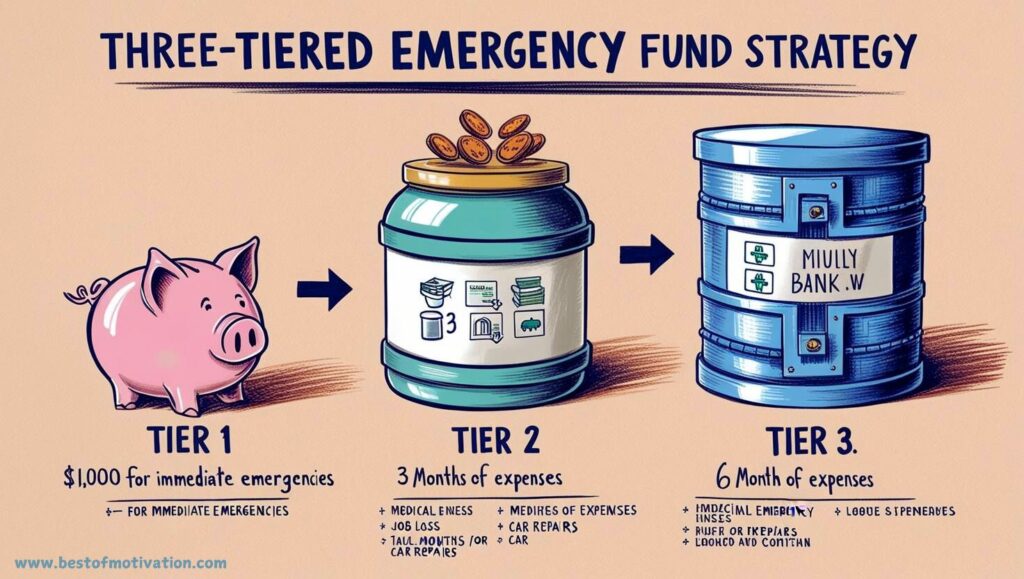 An illustrative diagram of a tiered emergency fund strategy featuring three levels: Tier 1 with a small piggy bank for $1,000, Tier 2 with a medium savings container for three months of expenses, and Tier 3 with a large vault for six months of expenses, accompanied by icons for medical emergencies, job loss, and car repairs.
