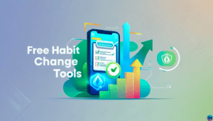 Vibrant illustration featuring a smartphone, checklist, progress bar, and growth arrows symbolizing free habit change tools for personal transformation.