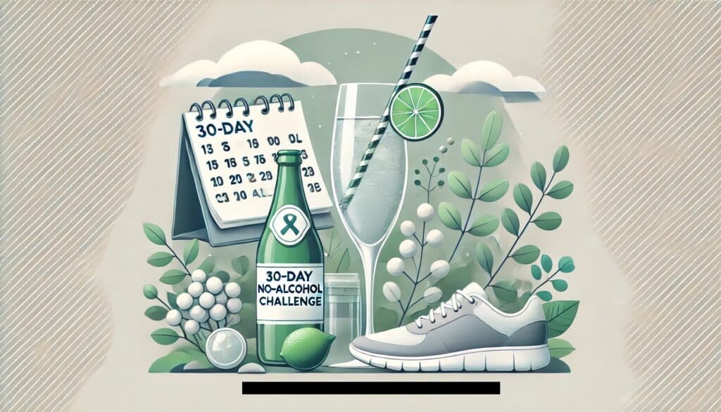 a calendar and a bottle of alcohol to reinforce the 30-Day No-Alcohol Challenge