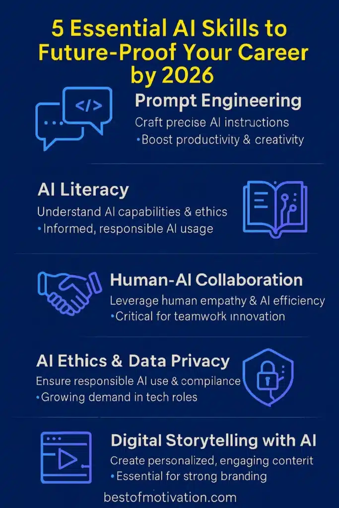 Infographic titled '5 Essential AI Skills to Future-Proof Your Career by 2026' with a yellow header and dark blue background, visually presenting Prompt Engineering, AI Literacy, Human-AI Collaboration, AI Ethics, and Digital Storytelling using icons and brief descriptions.