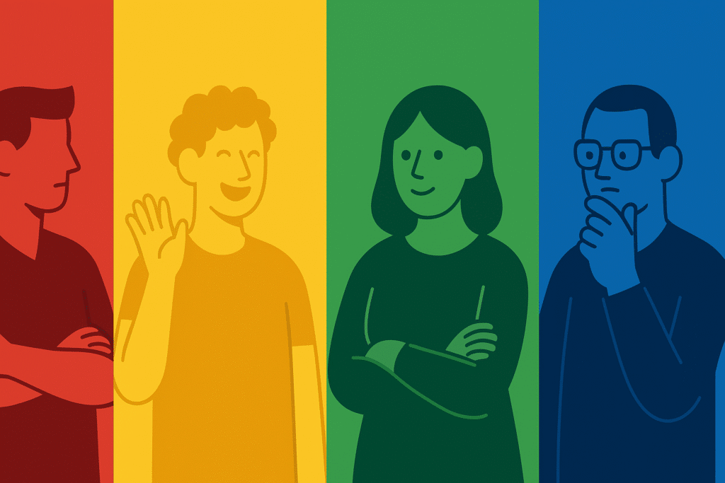 Personality color quiz illustration featuring four stylized human caricatures in red, yellow, green, and blue, each representing distinct personality traits—confidence, optimism, calmness, and analytical thinking.
