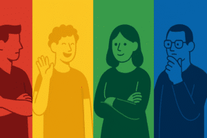 Personality color quiz illustration featuring four stylized human caricatures in red, yellow, green, and blue, each representing distinct personality traits—confidence, optimism, calmness, and analytical thinking.
