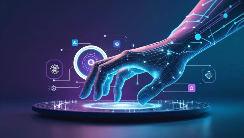 Futuristic graphic illustrating human and AI collaboration representing key AI skills for career growth in 2026.
