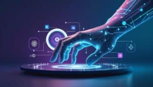 Futuristic graphic illustrating human and AI collaboration representing key AI skills for career growth in 2026.