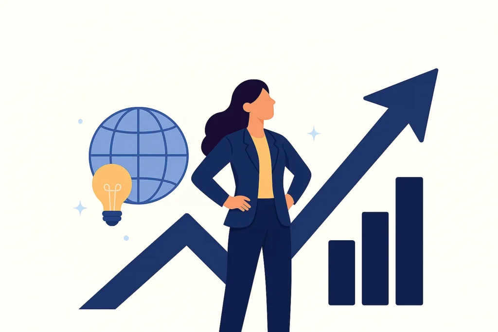 Illustration of a confident woman in a navy suit standing in front of a rising arrow, globe, lightbulb, and bar chart—symbolizing growth, innovation, and future-focused leadership traits for 2026 and beyond