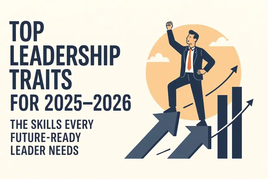 Illustration of a confident leader standing on rising arrows with a bar chart, symbolizing growth and leadership development. Text reads “Top Leadership Traits for 2025–2026 – The Skills Every Future-Ready Leader Needs.