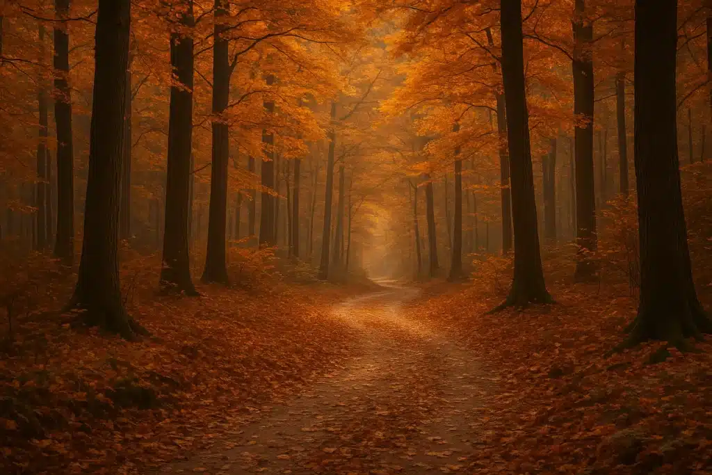 A peaceful autumn forest path surrounded by tall trees with golden leaves, symbolizing self-reflection, letting go, and personal growth.
