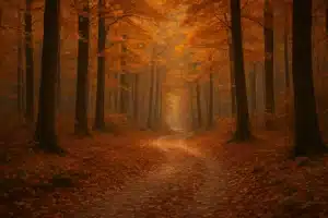 A peaceful autumn forest path surrounded by tall trees with golden leaves, symbolizing self-reflection, letting go, and personal growth.