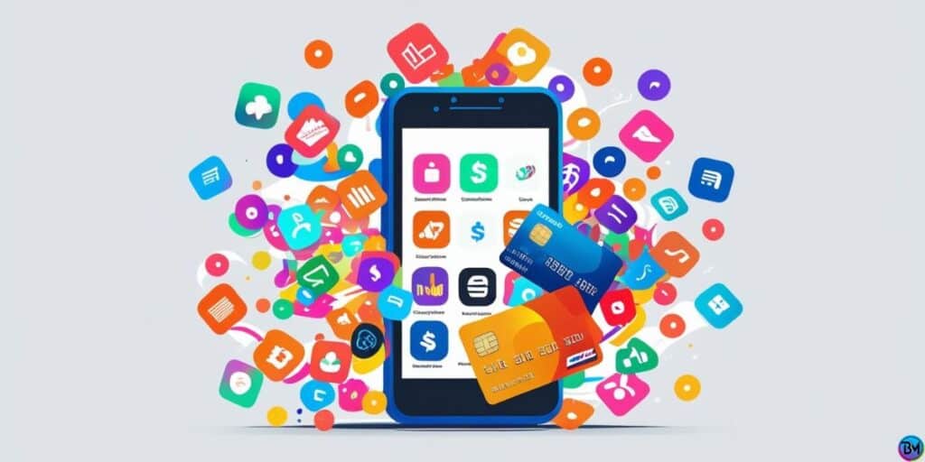 a smartphone with credit cards flying out of it