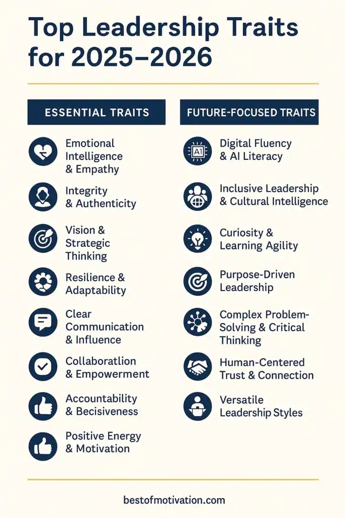 Infographic showing 17 top leadership traits for 2025–2026, categorized into timeless and future-focused skills. Includes emotional intelligence, adaptability, digital fluency, inclusive leadership, and purpose-driven vision. Designed for professionals aiming to grow as future-ready leaders.