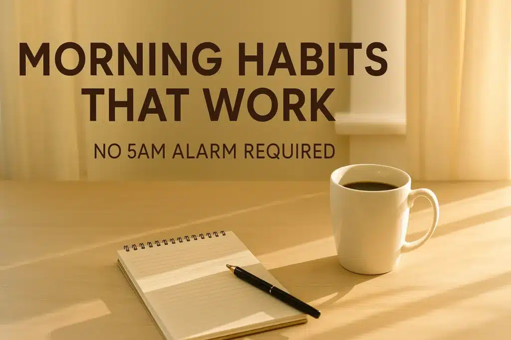 Peaceful morning setup with coffee and journal – Morning Habits That Work without 5AM alarm