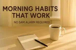 Peaceful morning setup with coffee and journal – Morning Habits That Work without 5AM alarm