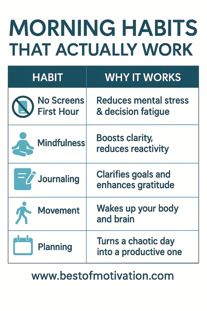 nfographic titled ‘Morning Habits That Actually Work’ showing five morning habits—No Screens First Hour, Mindfulness, Journaling, Movement, and Planning—each paired with a benefit such as reduced stress, improved clarity, or increased productivity. Includes website URL www.bestofmotivation.com at the bottom.