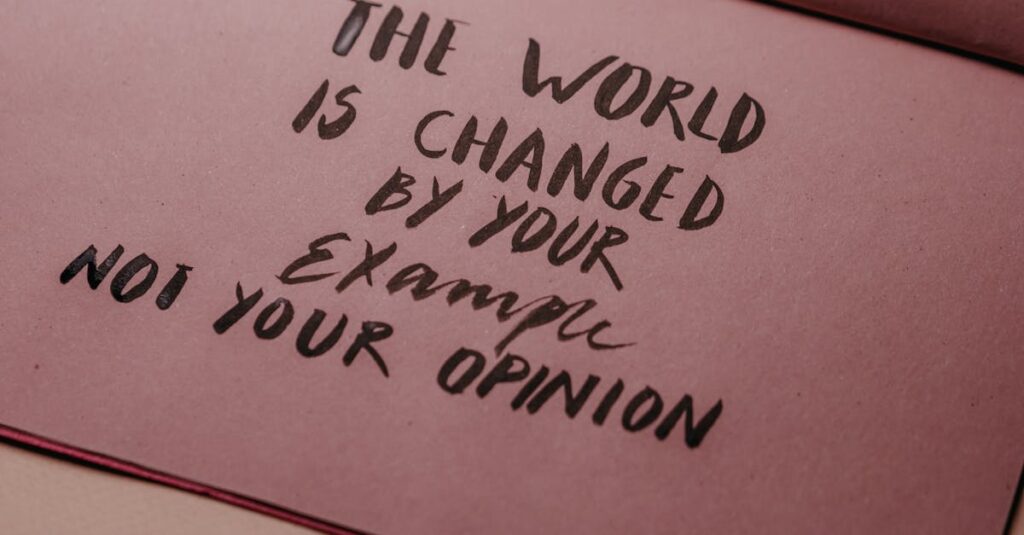 Motivational phrase emphasizing actions over words displayed on textured paper.
